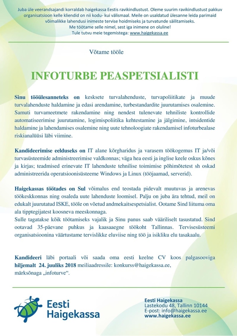 Eesti Haigekassa Infoturbe peaspetsialist