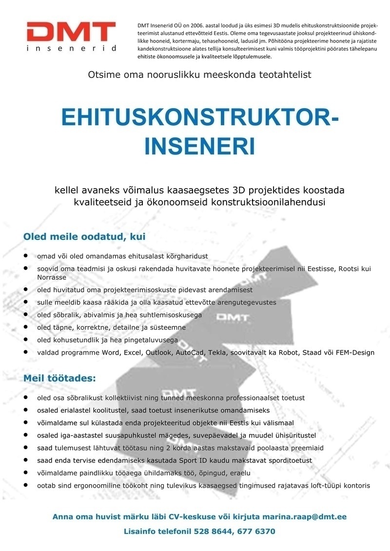 DMT INSENERID OÜ Ehituskonstruktor-insener