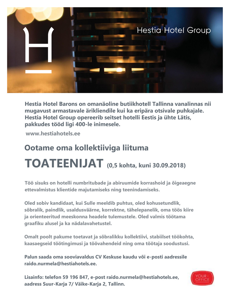 Hestia Hotel Barons Toateenija 0,5 kohta, kuni 30.09.2018 (Hestia Hotel Barons)