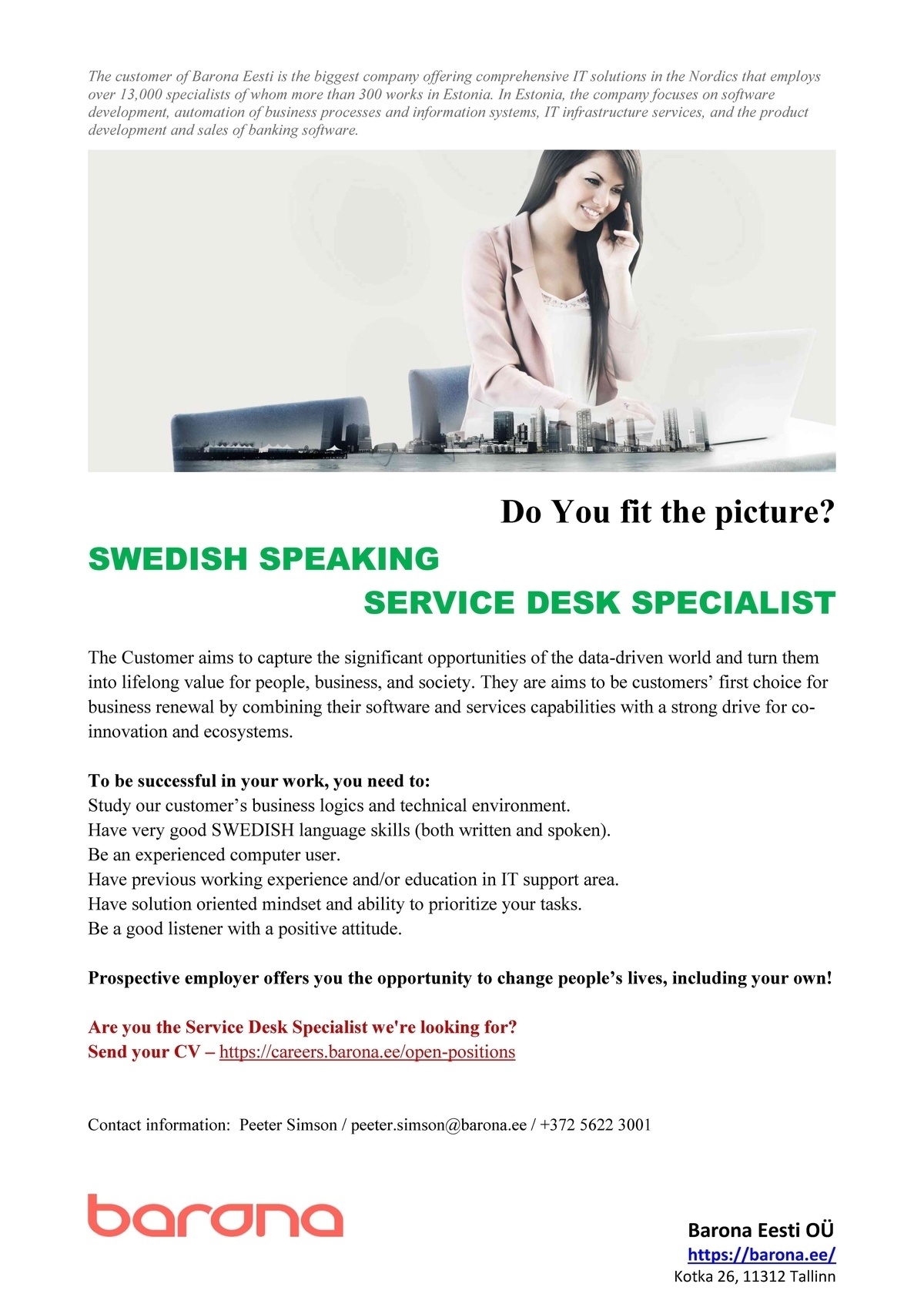 Barona Eesti OÜ Swedish speaking SERVICE DESK SPECIALIST