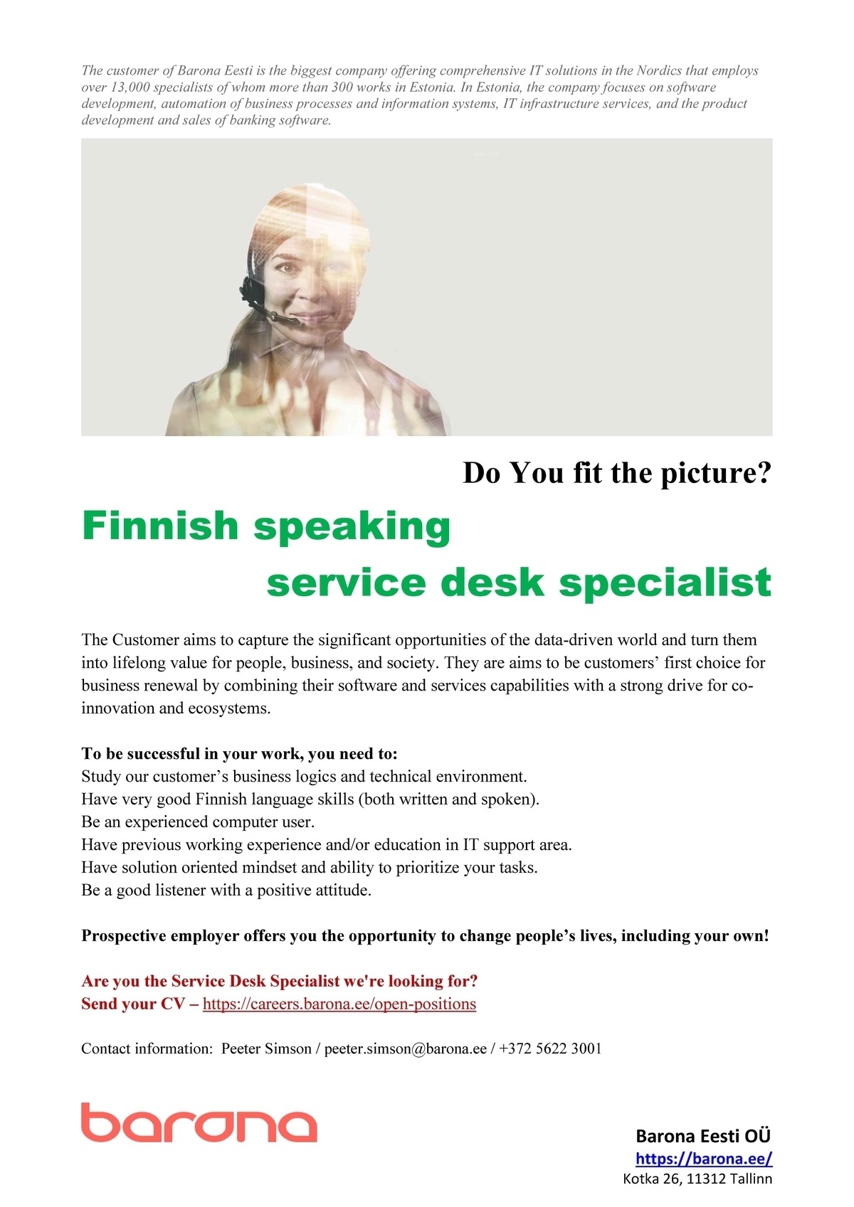 Barona Eesti OÜ Finnish speaking  SERVICE DESK SPECIALIST