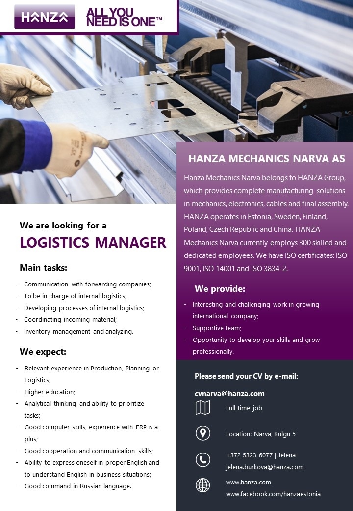 HANZA Mechanics Narva AS Logistics manager
