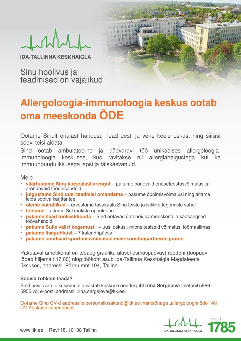 Ida-Tallinna Keskhaigla AS Õde allergoloogia- immunoloogia keskusesse