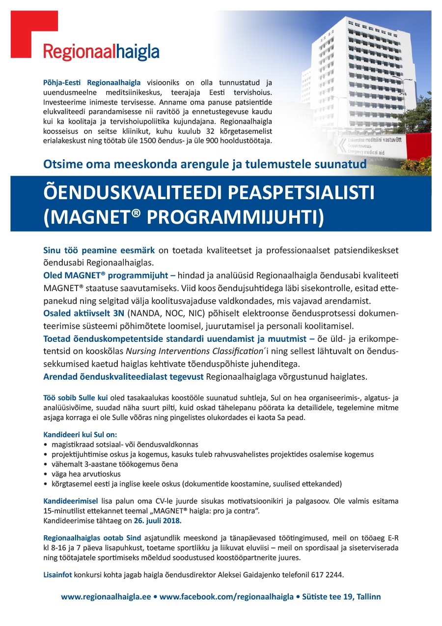 Põhja-Eesti Regionaalhaigla SA Õenduskvaliteedi peaspetsialist