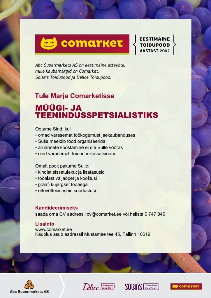 Abc Supermarkets AS Müügi- ja Teenindusspetsialist Marja Comarketisse