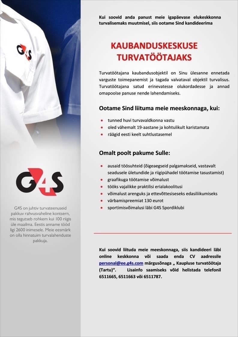 AS G4S Eesti Kaubanduskeskuse turvatöötaja (Tartu)