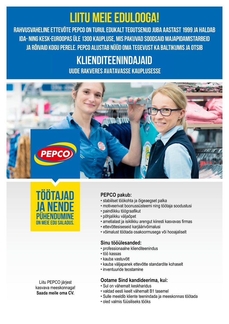 Pepco Estonia OÜ Klienditeenindaja PEPCO kaupluses