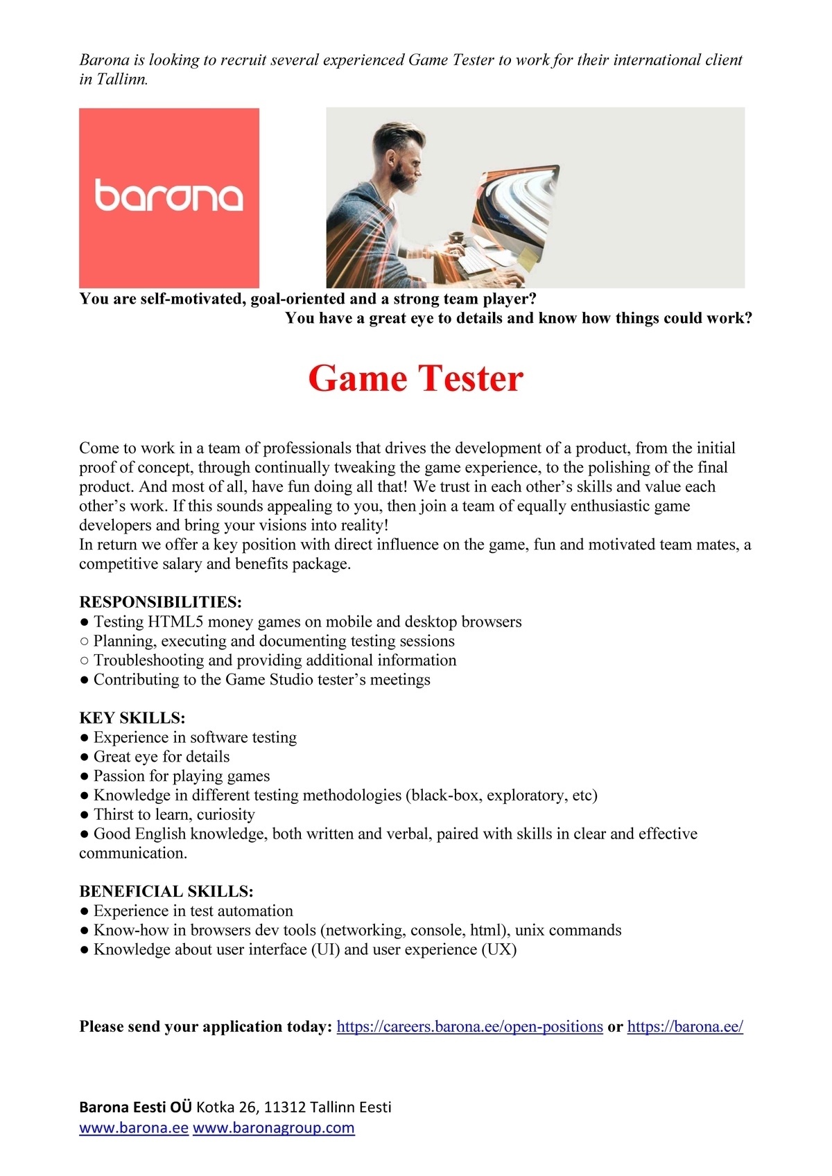 Barona Eesti OÜ Game IT Tester