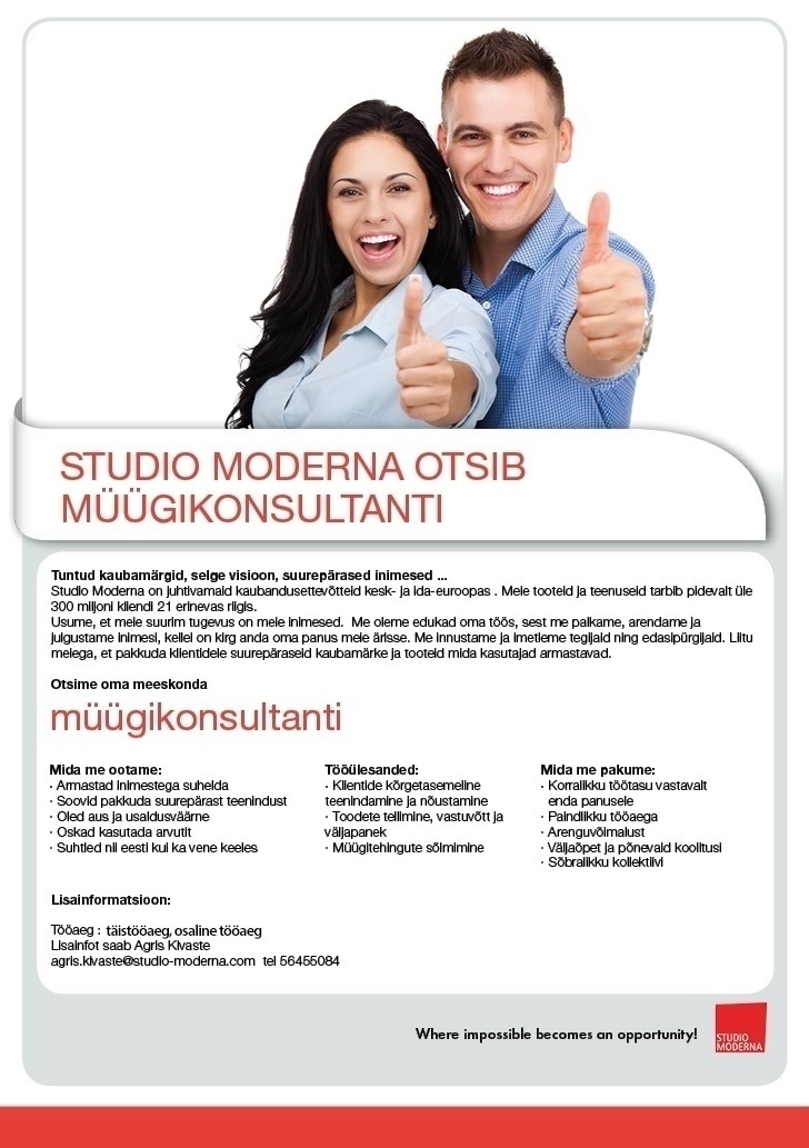 STUDIO MODERNA OÜ Müügikonsultant Tallinna kaupluses