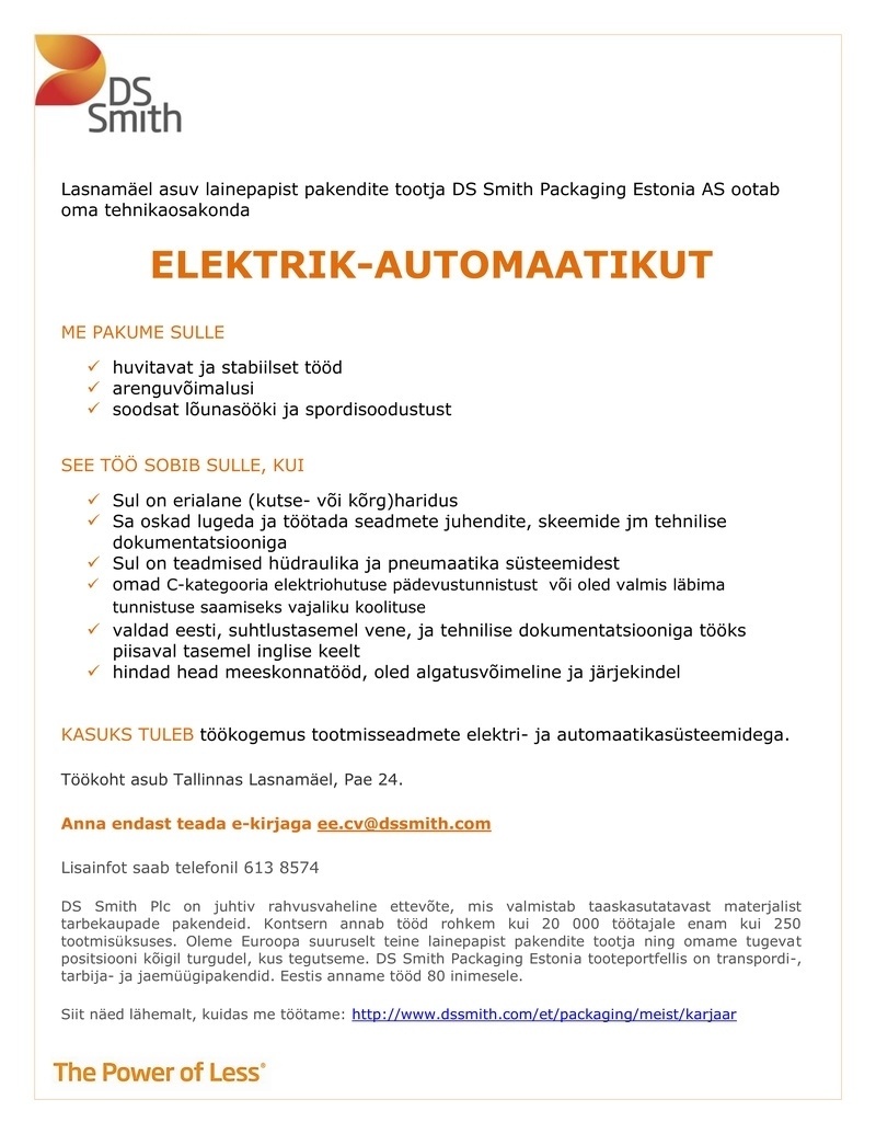 DS Smith Packaging Estonia AS Elektrik-automaatik