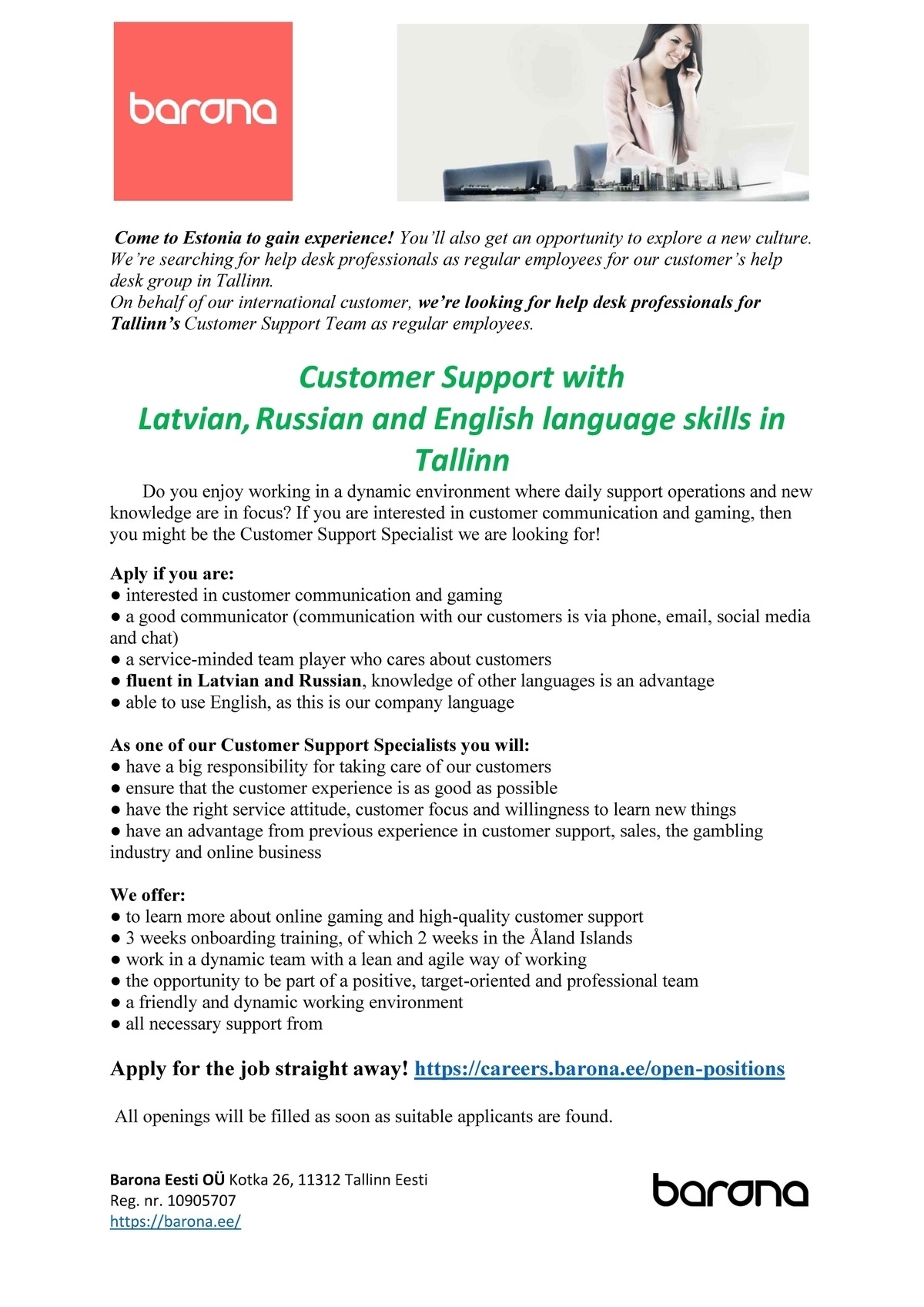 Barona Eesti OÜ Customer Support with  Latvian, Russian and English language skills in Tallinn