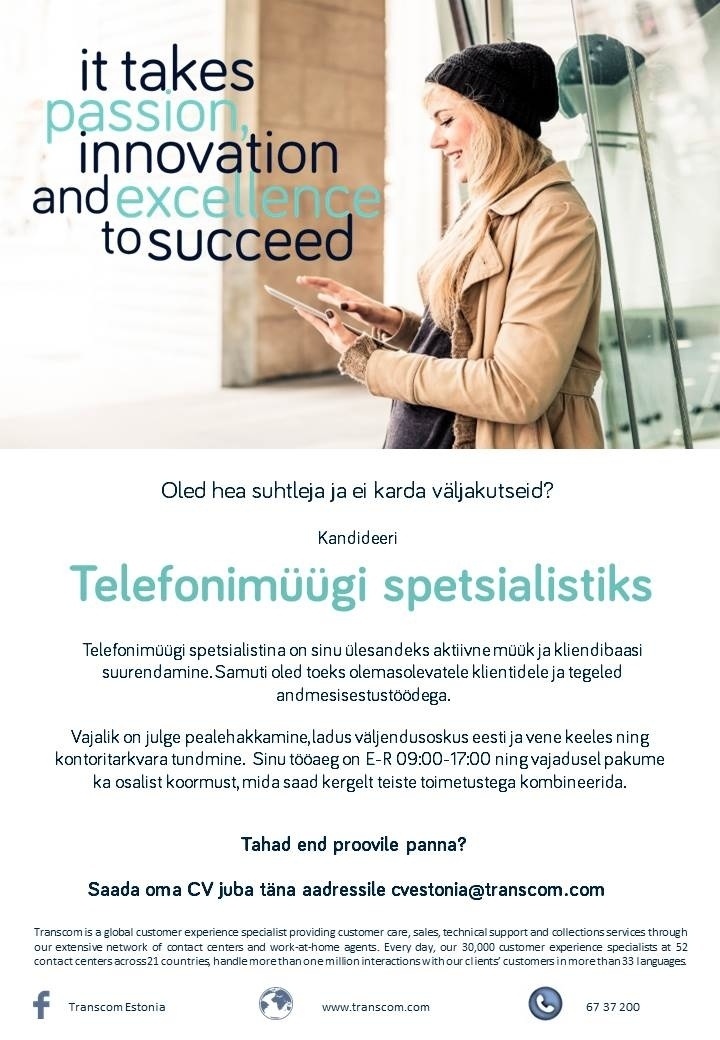 Transcom Eesti OÜ Telefonimüügi spetsialist 