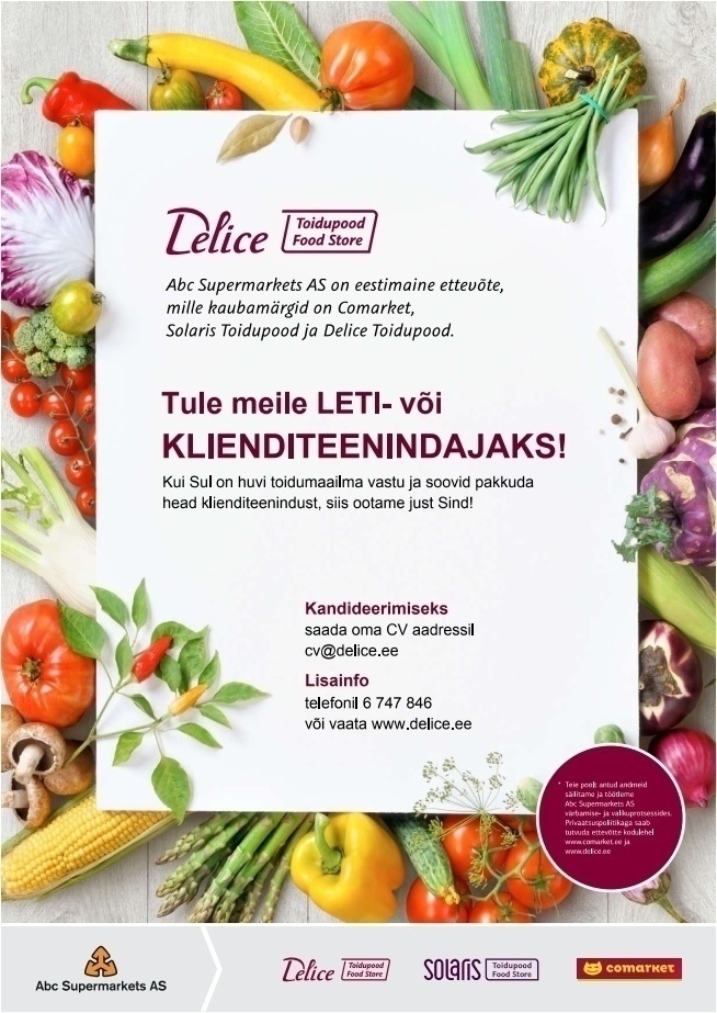 Abc Supermarkets AS KLIENDI - või LETITEENINDAJA Pärnu Delice Toidupoodi