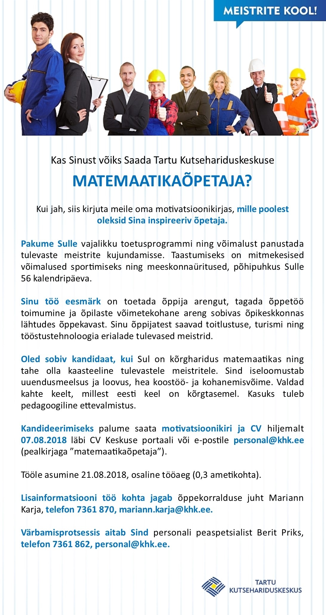 Tartu Kutsehariduskeskus Matemaatika õpetaja (0,3)