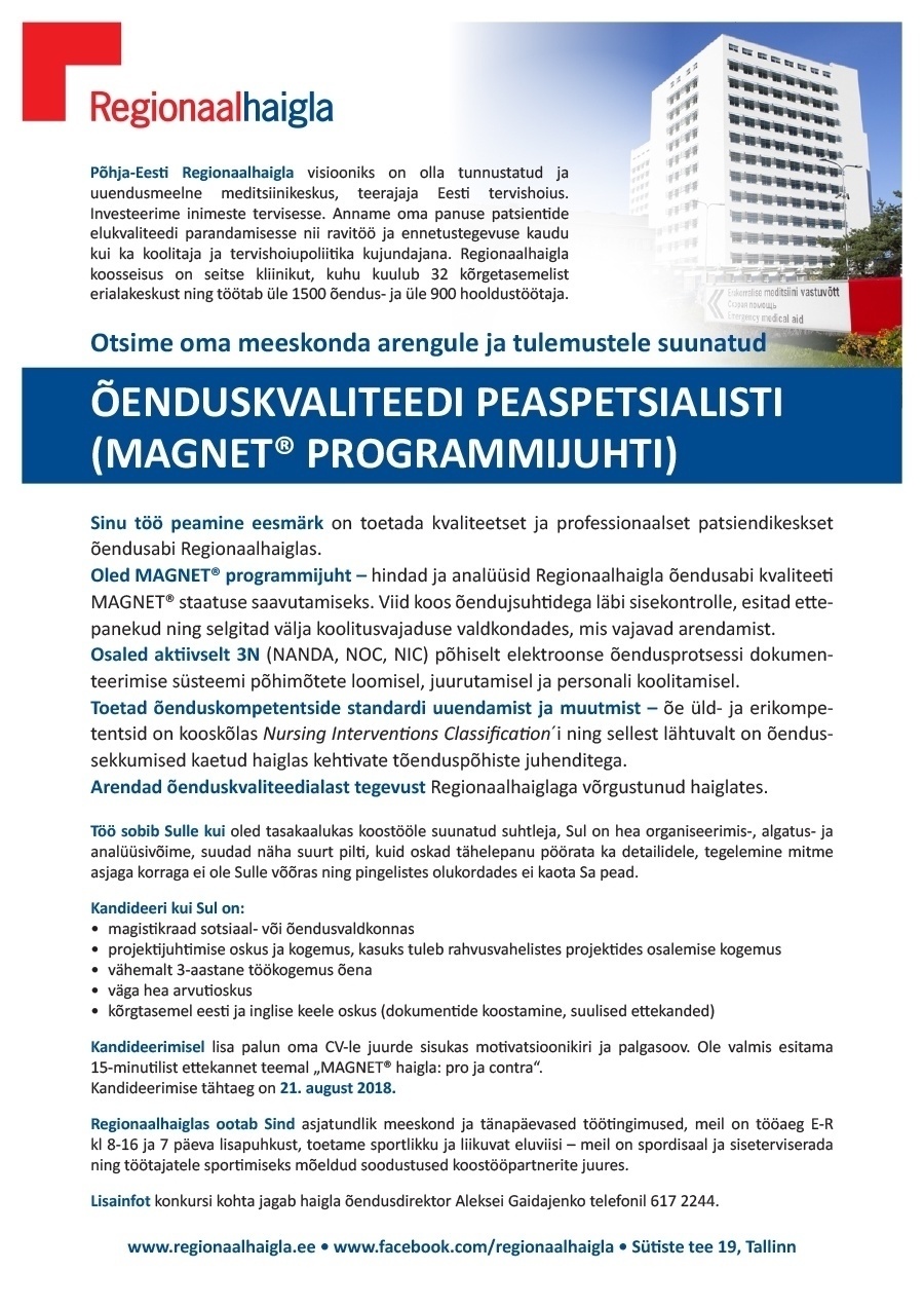 Põhja-Eesti Regionaalhaigla SA Õenduskvaliteedi peaspetsialist 