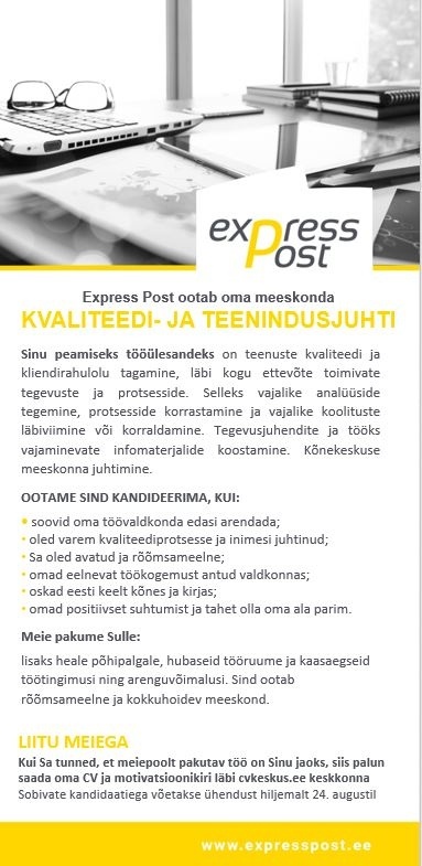 Express Post AS KVALITEEDI- JA TEENINDUSJUHT