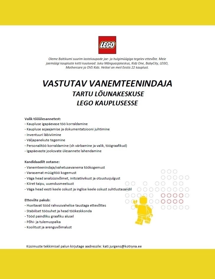 Kotryna OÜ Lõunakeskuse LEGO kaupluse vastutav vanemteenindaja