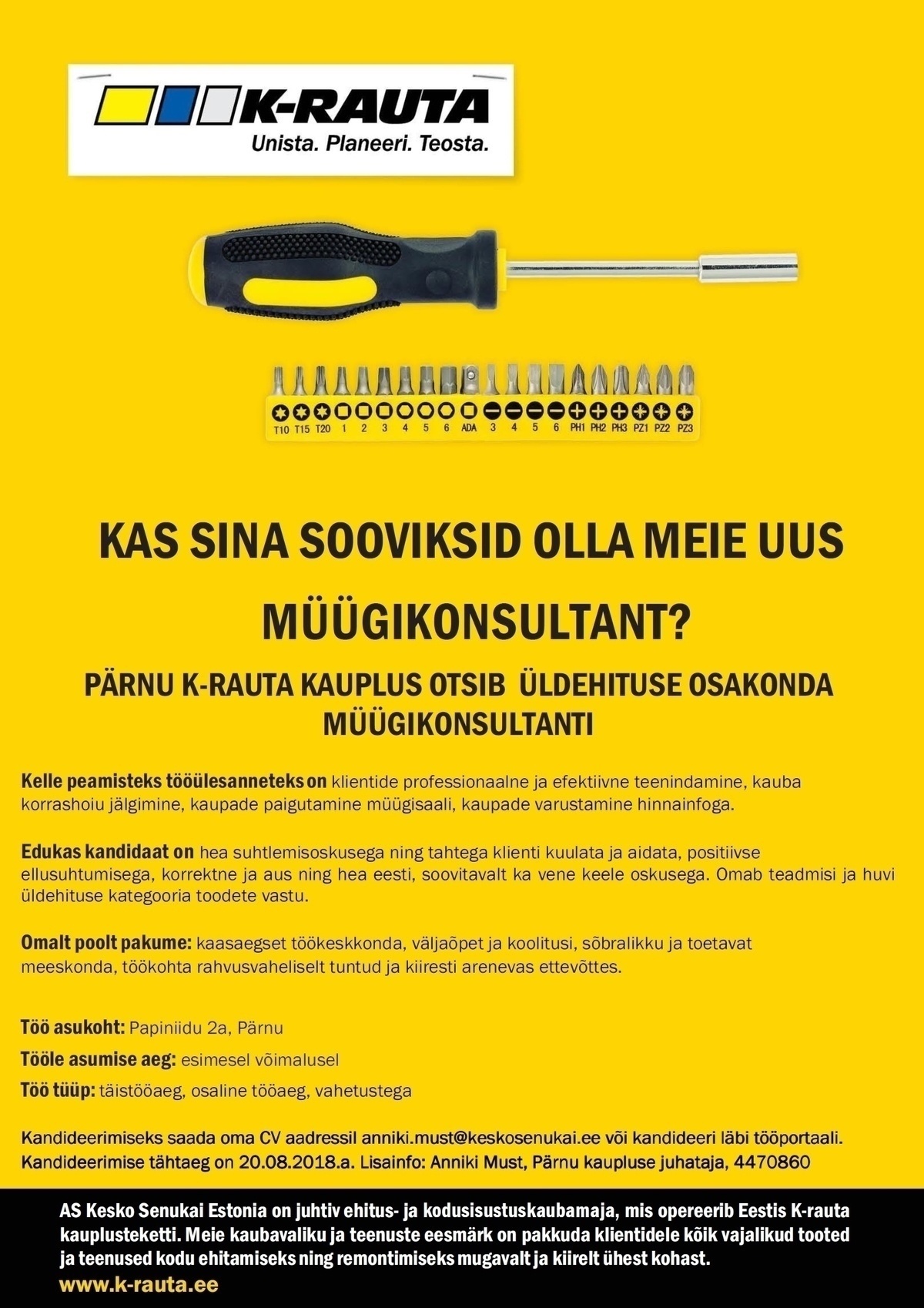 AS Kesko Senukai Estonia Müügikonsultant üldehitus Pärnu K-rauta