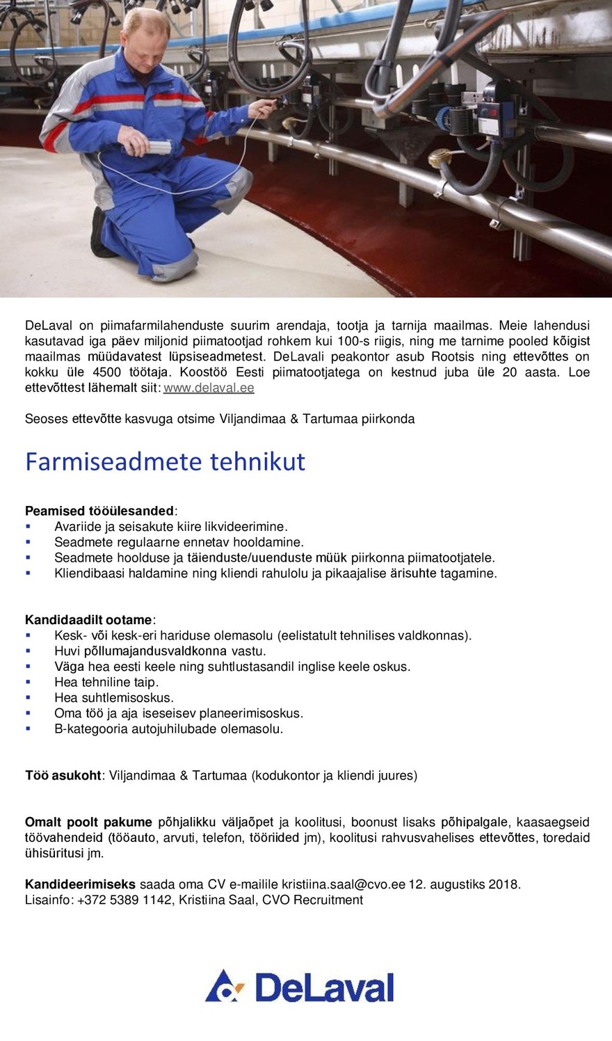 DeLaval OÜ Farmiseadmete tehnik (Viljandimaa & Tartumaa)