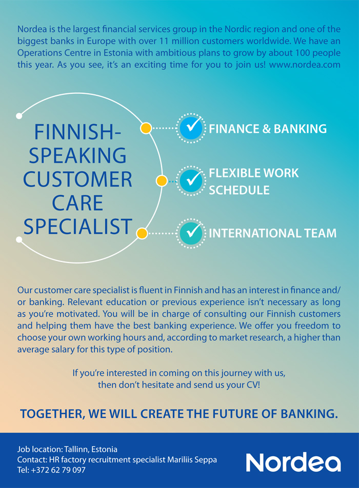 Nordea Bank Finnish-speaking customer care specialist