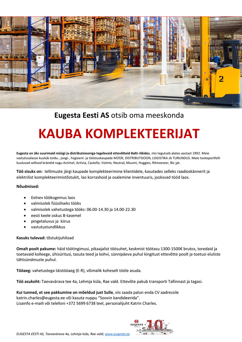 Eugesta Eesti AS Eugesta Eesti AS pakub tööd komplekteerijale
