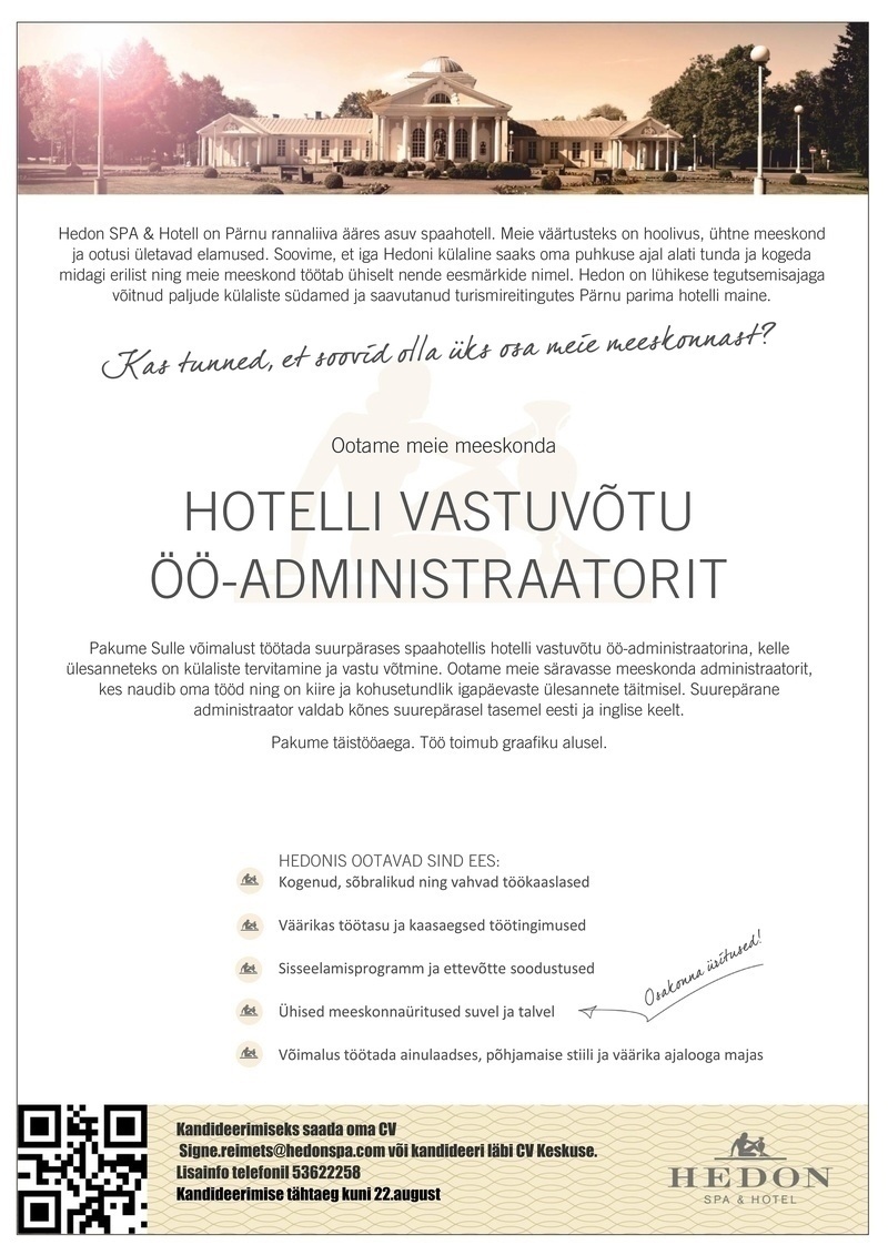 Supeluse Hotell OÜ Hedon SPA & HOTEL  Hotelli vastuvõtu öö-administraator