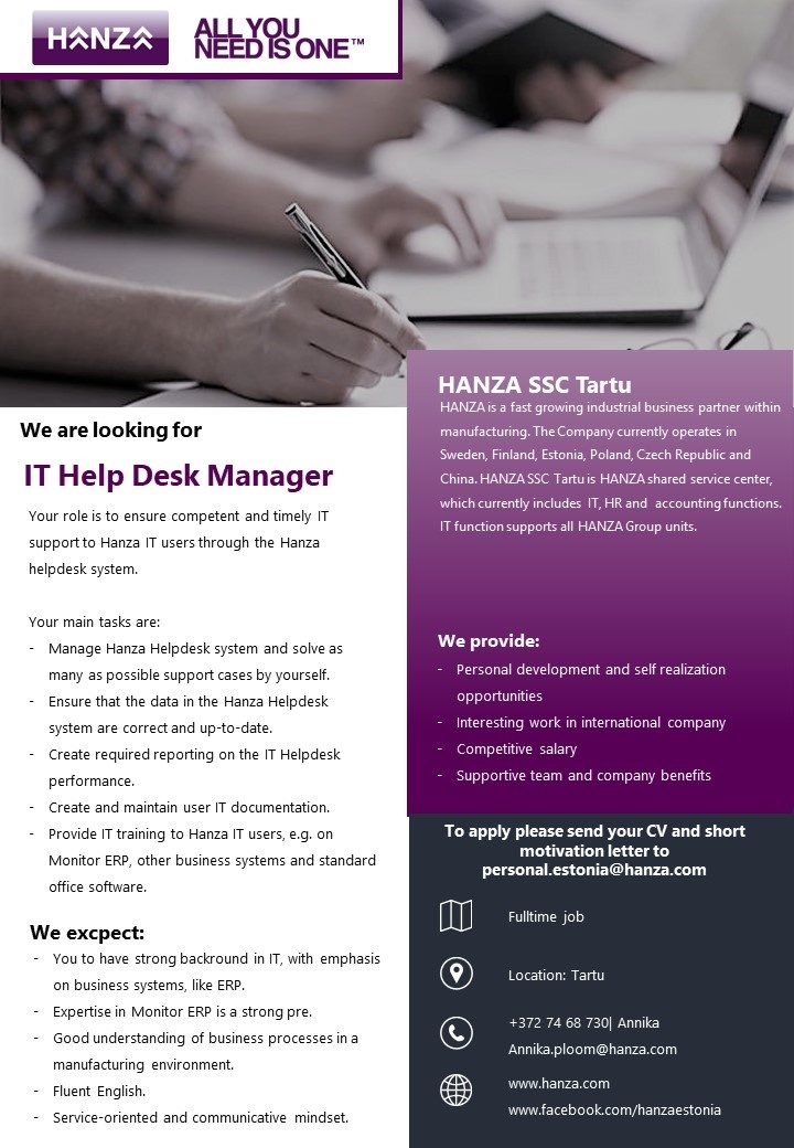 HANZA SSC Tartu IT Help Desk Manager
