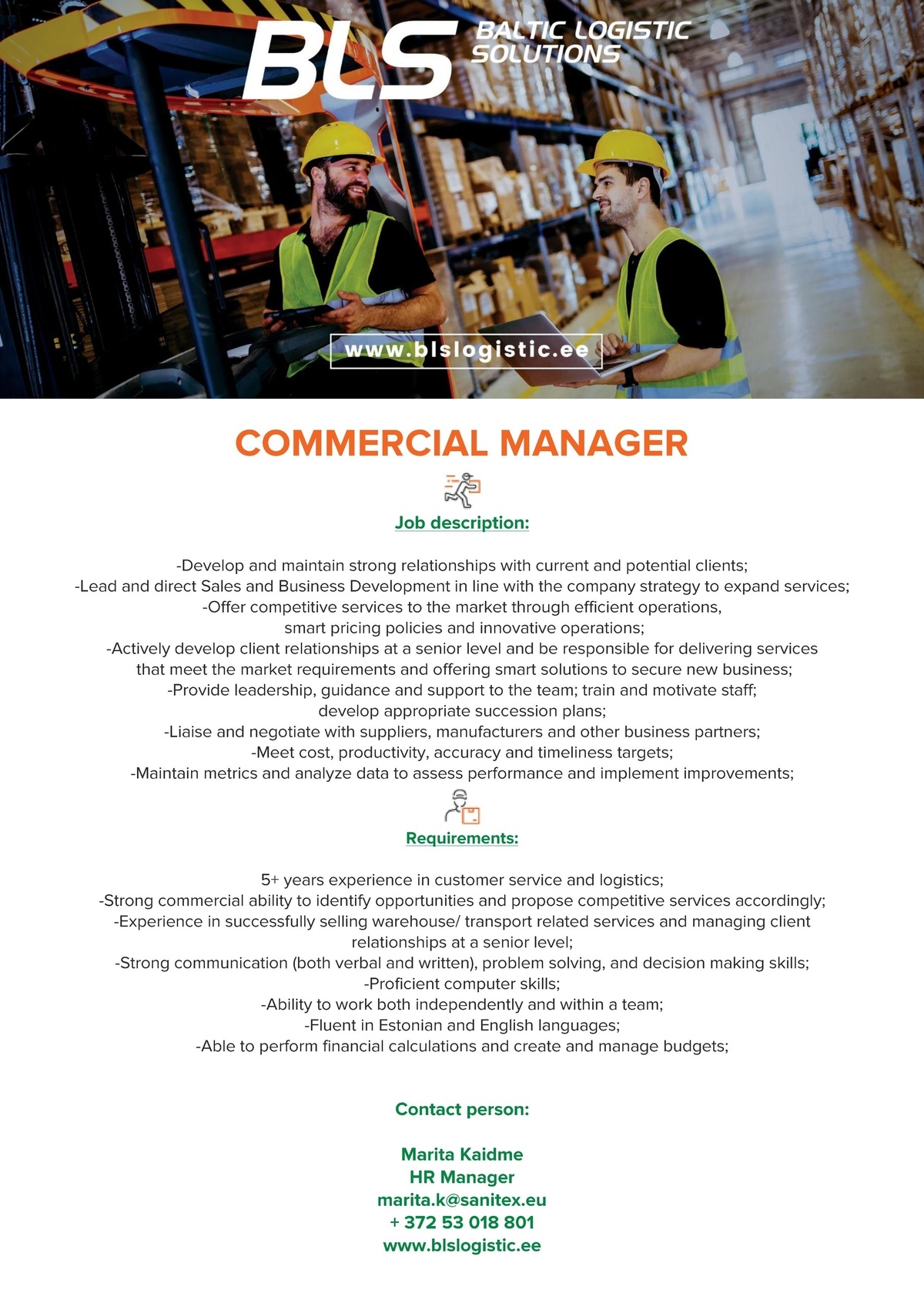 BALTIC LOGISTIC SOLUTIONS OÜ COMMERCIAL MANAGER