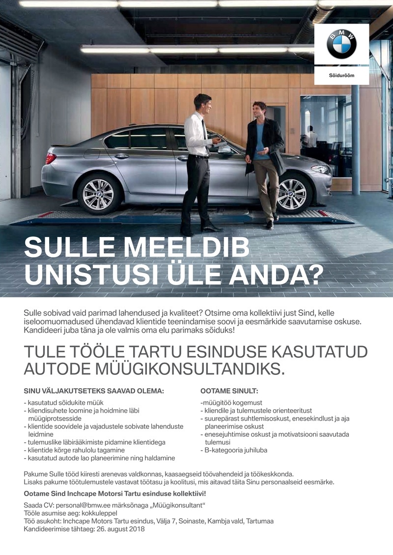 Inchcape Motors Tartu esindus Kasutatud autode müügikonsultant