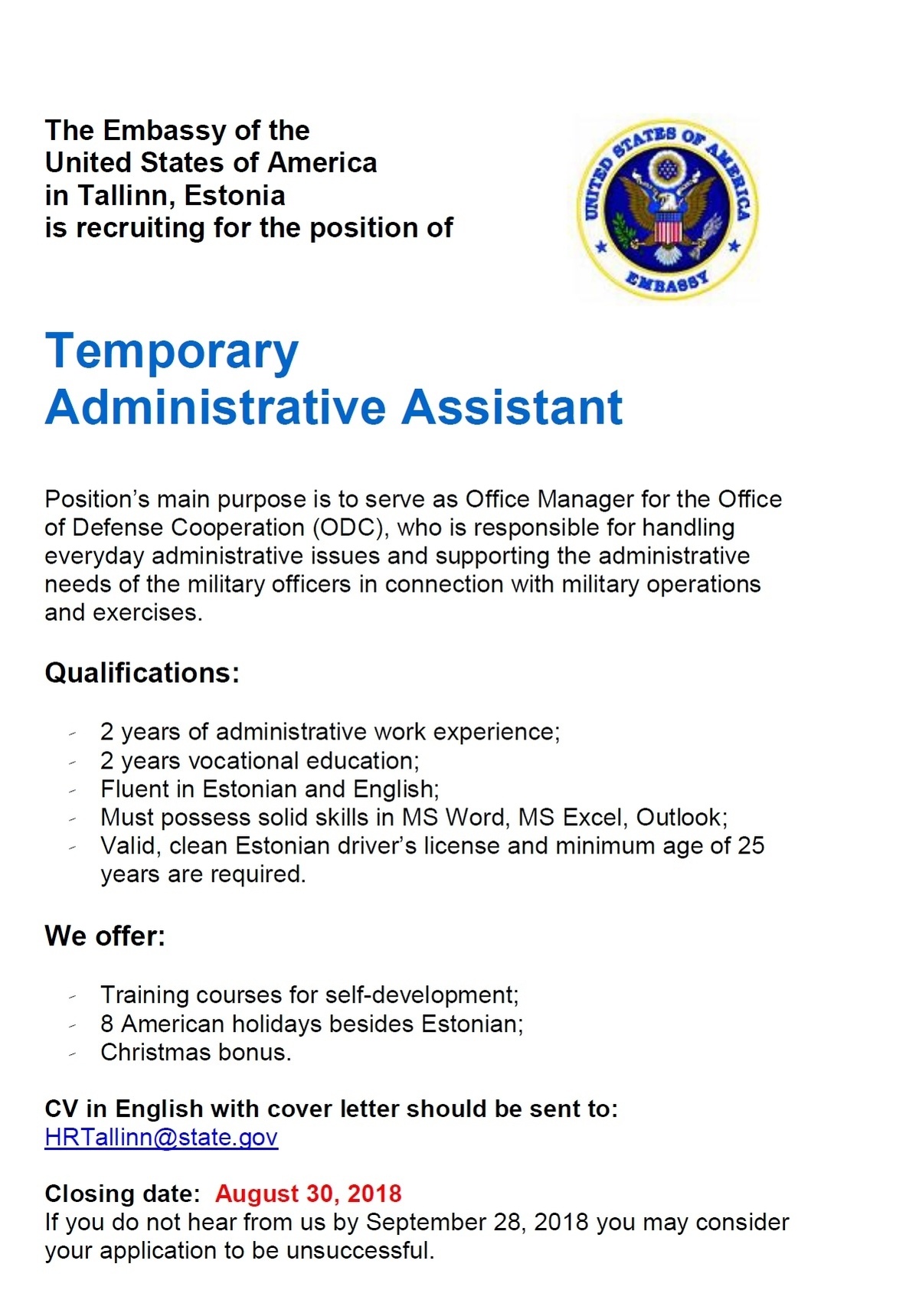 Ameerika Ühendriikide Suursaatkond Eestis Temporary Administrative Assistant