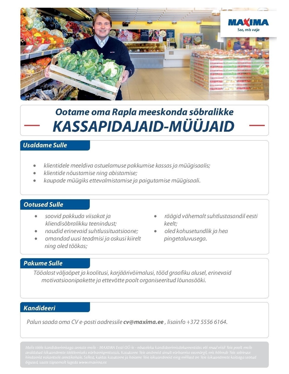 Maxima Eesti OÜ Kassapidaja- müüja Pärnu Maximas