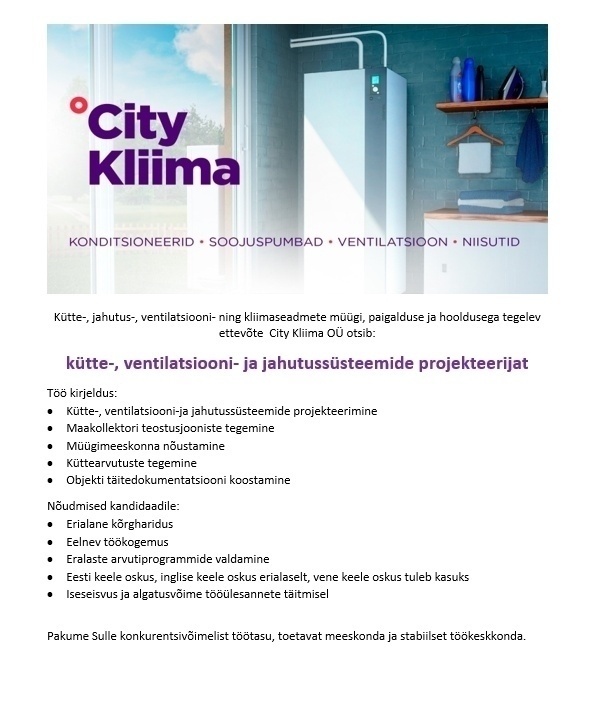 CITY KLIIMA OÜ Kütte-, ventilatsiooni- ja jahutussüsteemide projekteerija