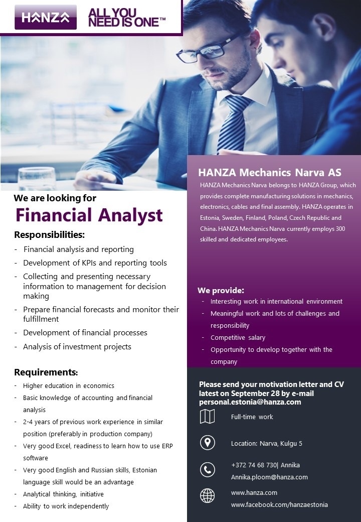 HANZA Mechanics Narva AS Financial Analyst
