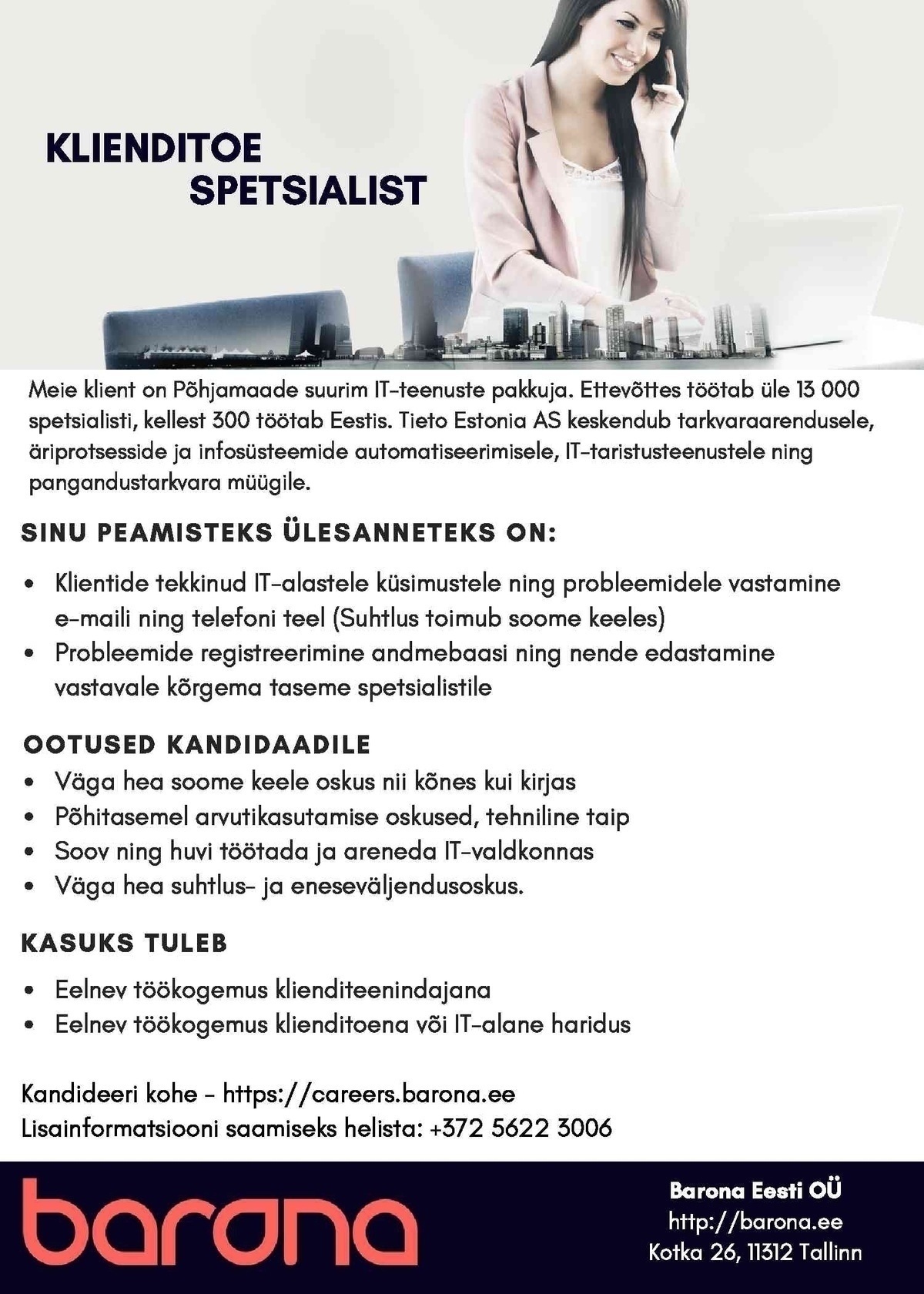 Barona Eesti OÜ Soomekeelne klienditoe spetsialist