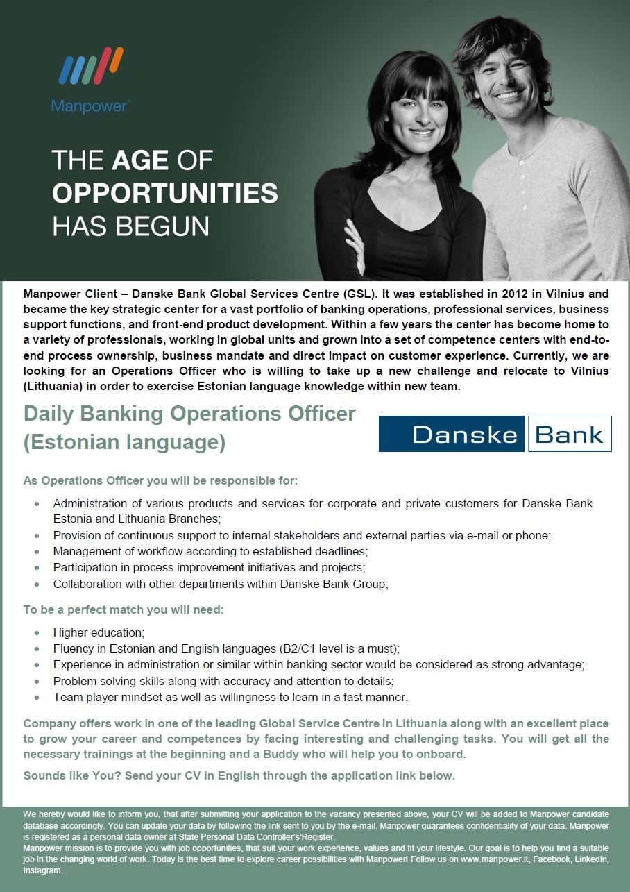 Manpower OÜ Daily Banking Operations Officer