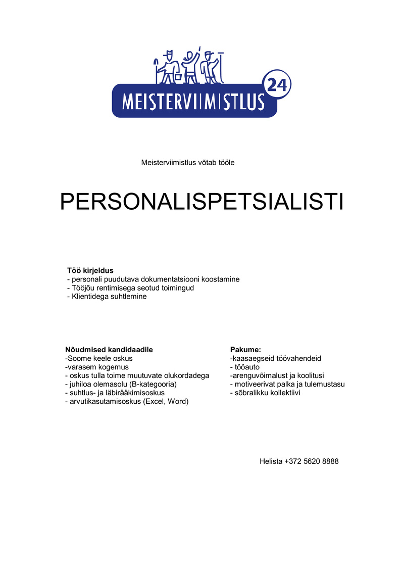 MEISTERVIIMISTLUS OÜ Personalispetsialist