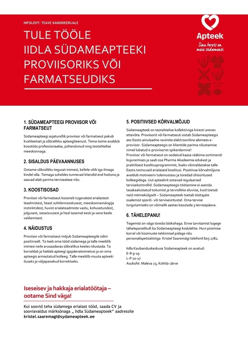 Pharma Holding OÜ Farmatseut või Proviisor Iidla Südameapteeki