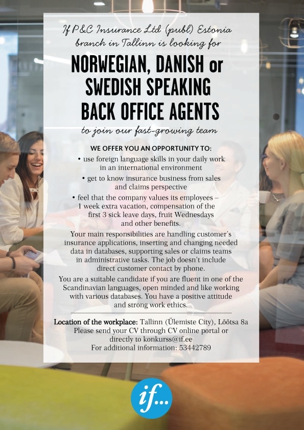 If P&C Insurance Ltd (publ) Eesti filiaal Norwegian, Danish or Swedish speaking BACK OFFICE AGENT