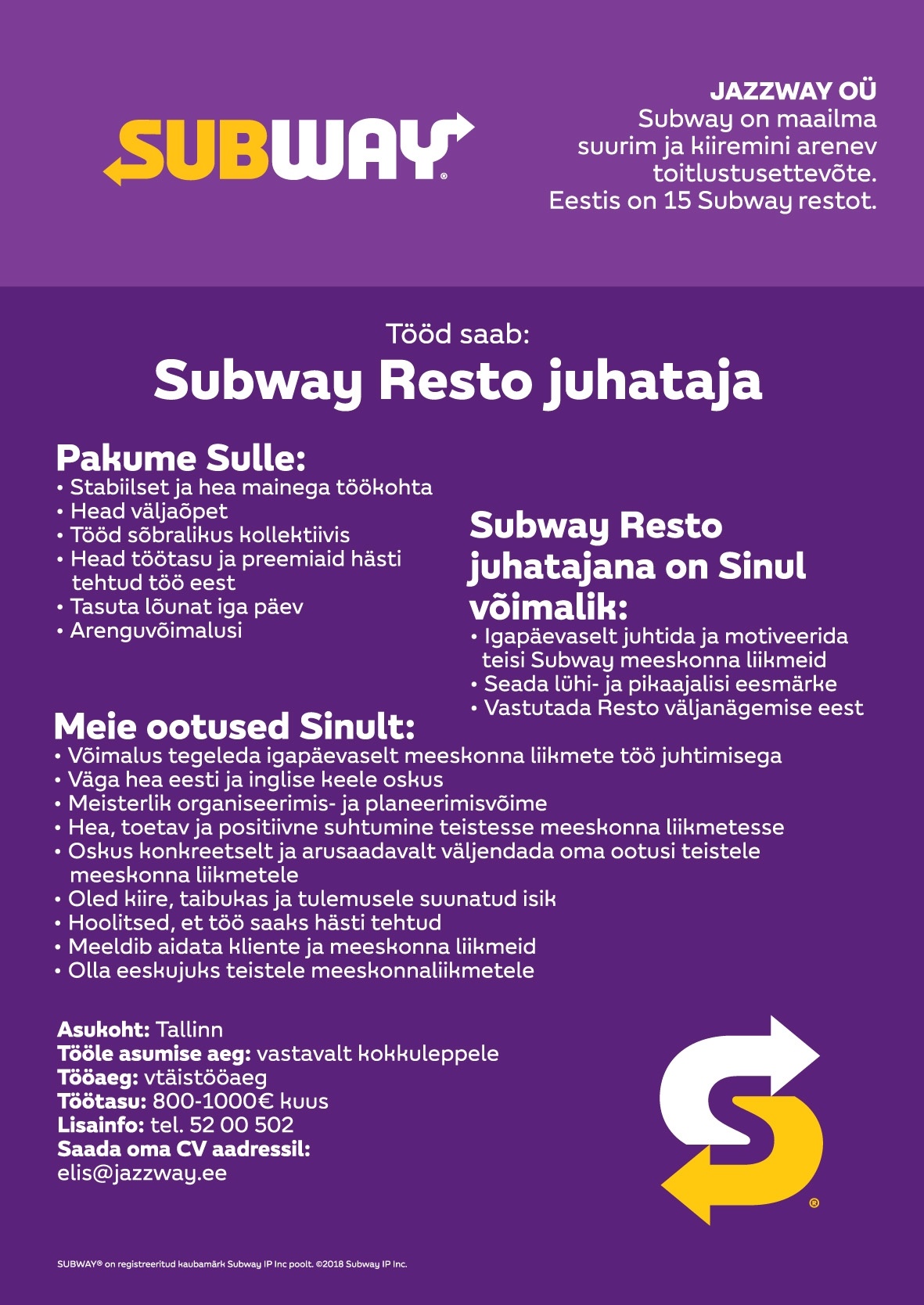 Jazzway OÜ Subway resto juhataja Tallinnas või Harjumaal