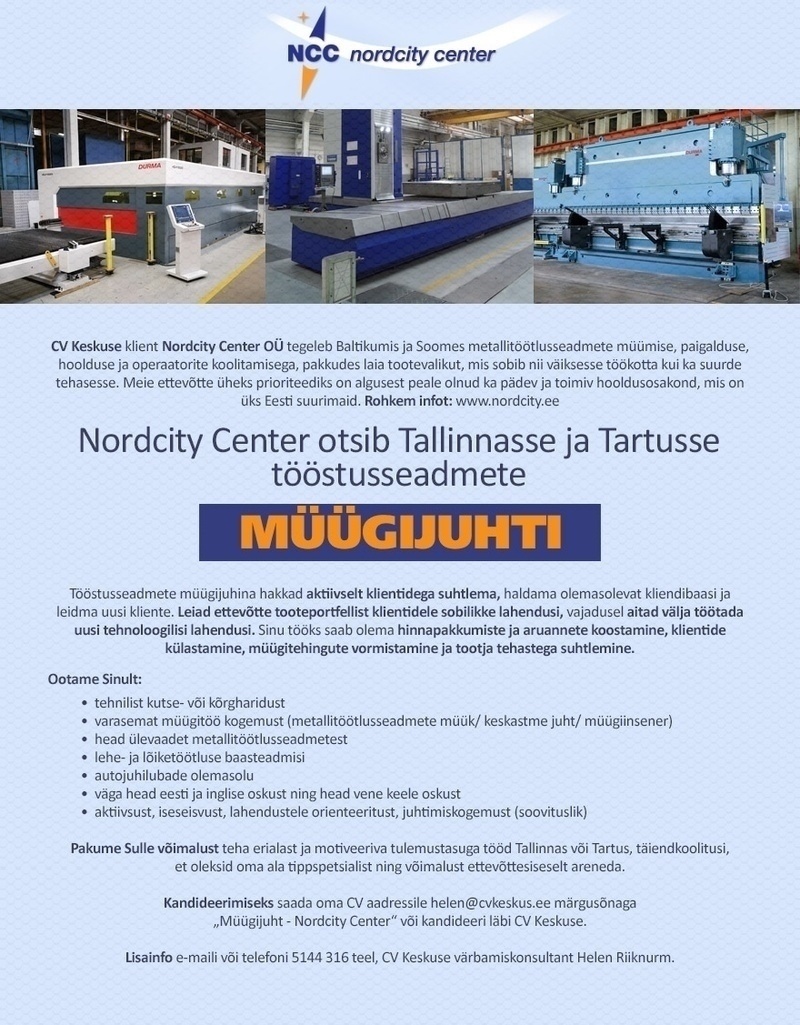 Nordcity Center OÜ Tööstusseadmete müügijuht (Nordcity Center OÜ)