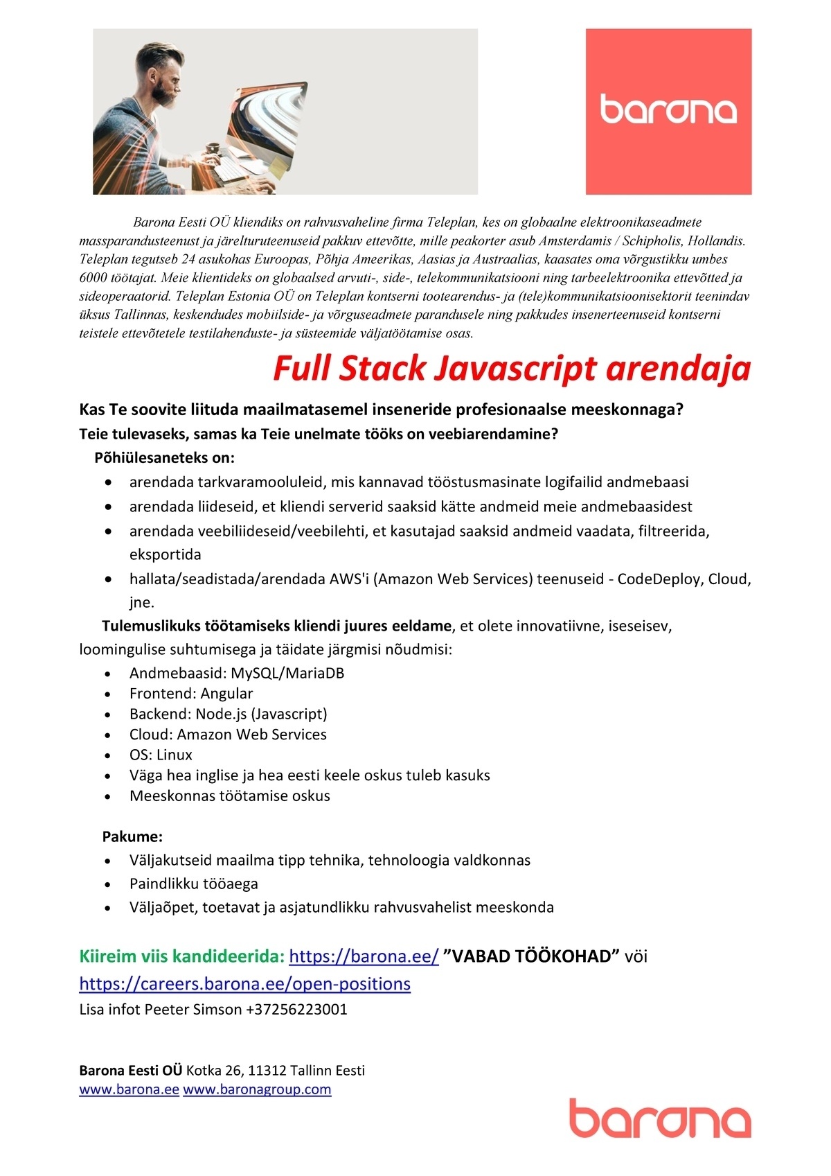 Barona Eesti OÜ Kohe pakkuda tööd Full Stack arendajale (WEB, Javascript)
