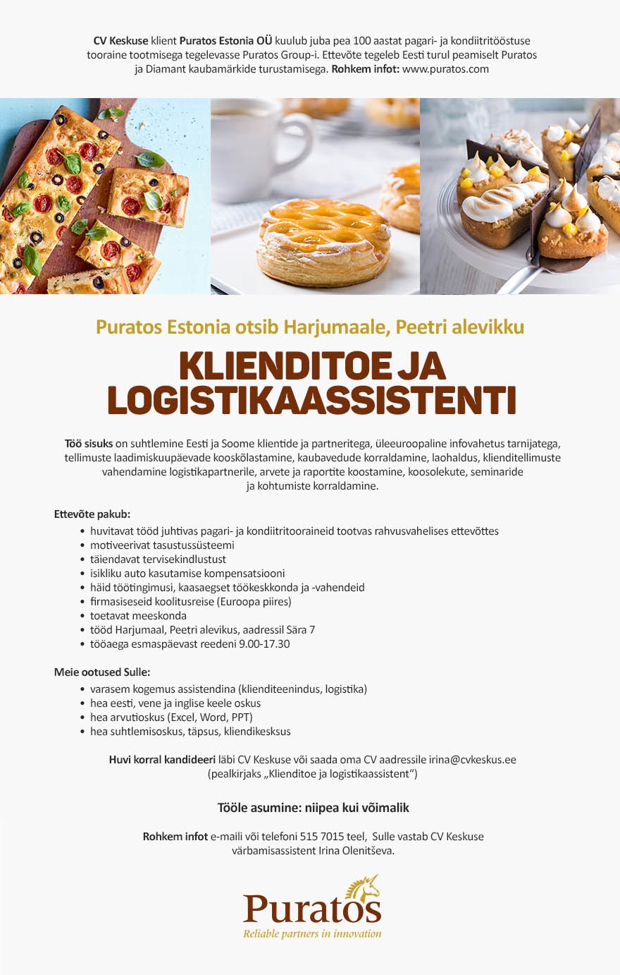 Puratos Estonia OÜ Klienditoe ja logistika koordinaator