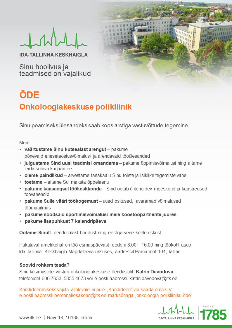 AS Ida-Tallinna Keskhaigla Õde onkoloogia polikliinikusse