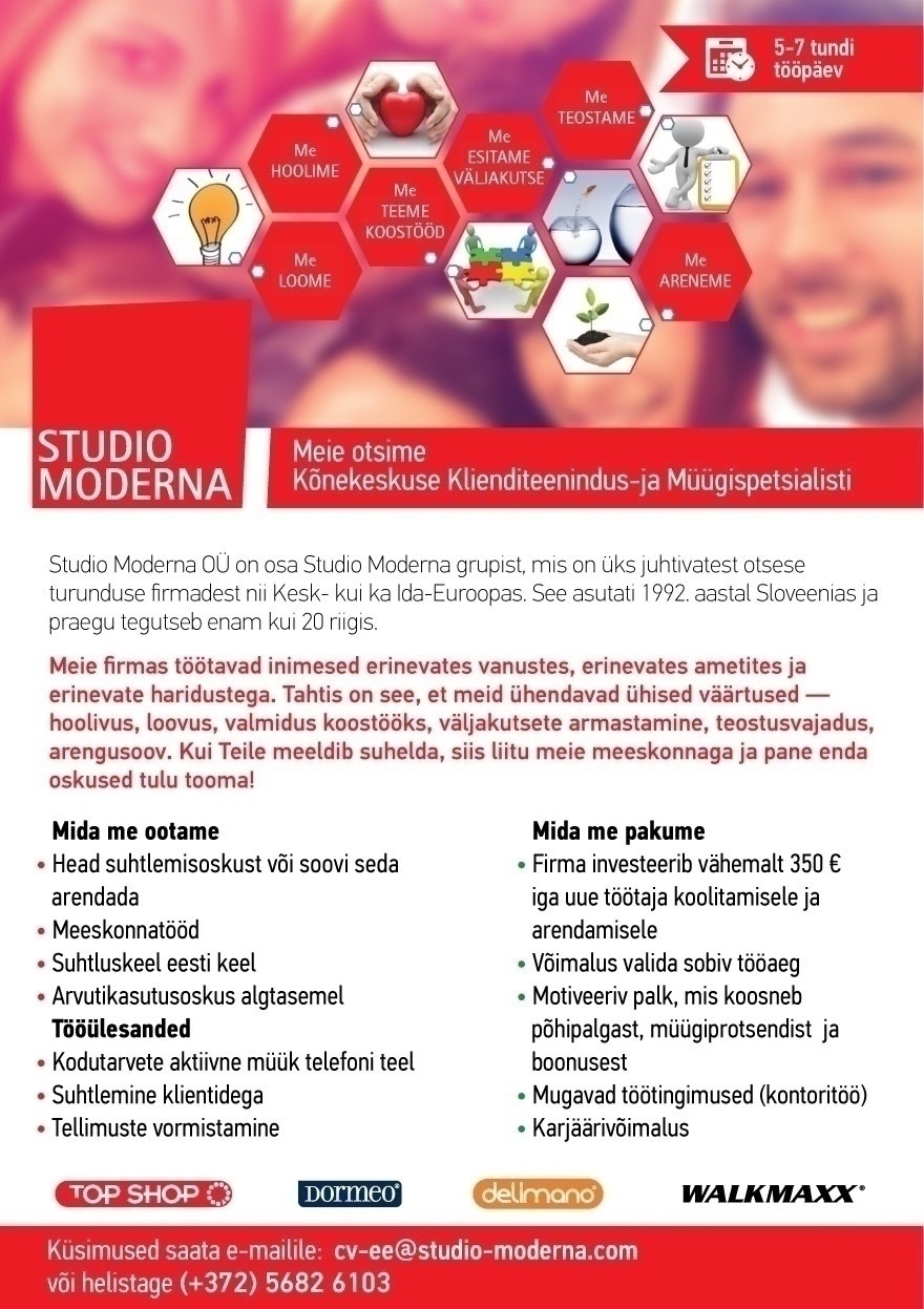 STUDIO MODERNA OÜ Klienditeeninduse ja müügispetsialist Tartus