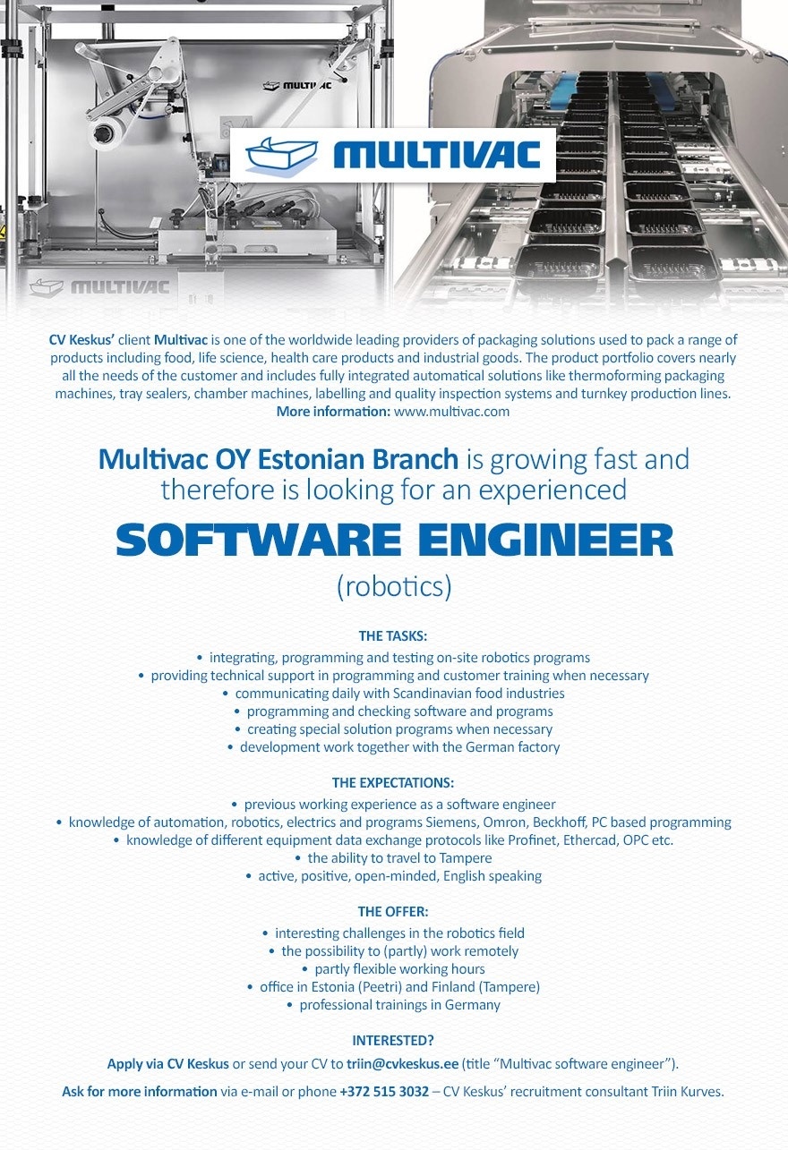 Multivac OY Eesti Filiaal Multivac is looking for an experienced Software engineer (robotics)