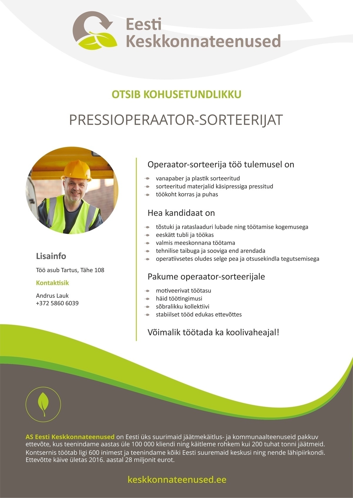 Eesti Keskkonnateenused AS Pressioperaator-sorteerija