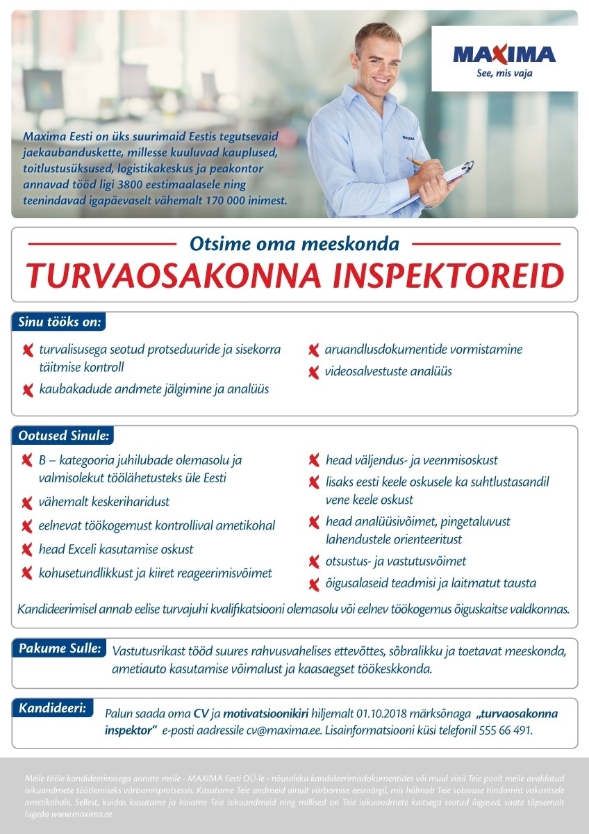 Maxima Eesti OÜ Turvaosakonna inspektor