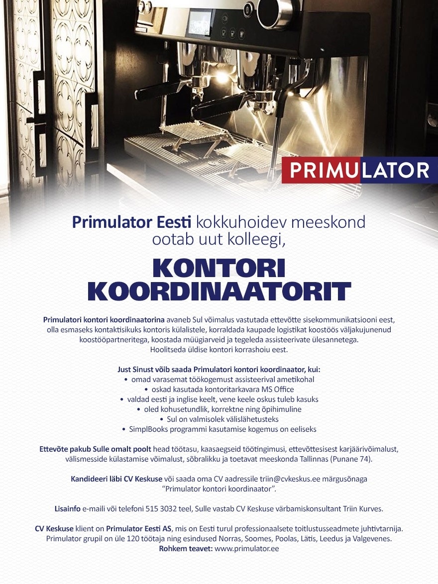 Primulator Eesti AS Kontori koordinaator (Primulator Eesti)