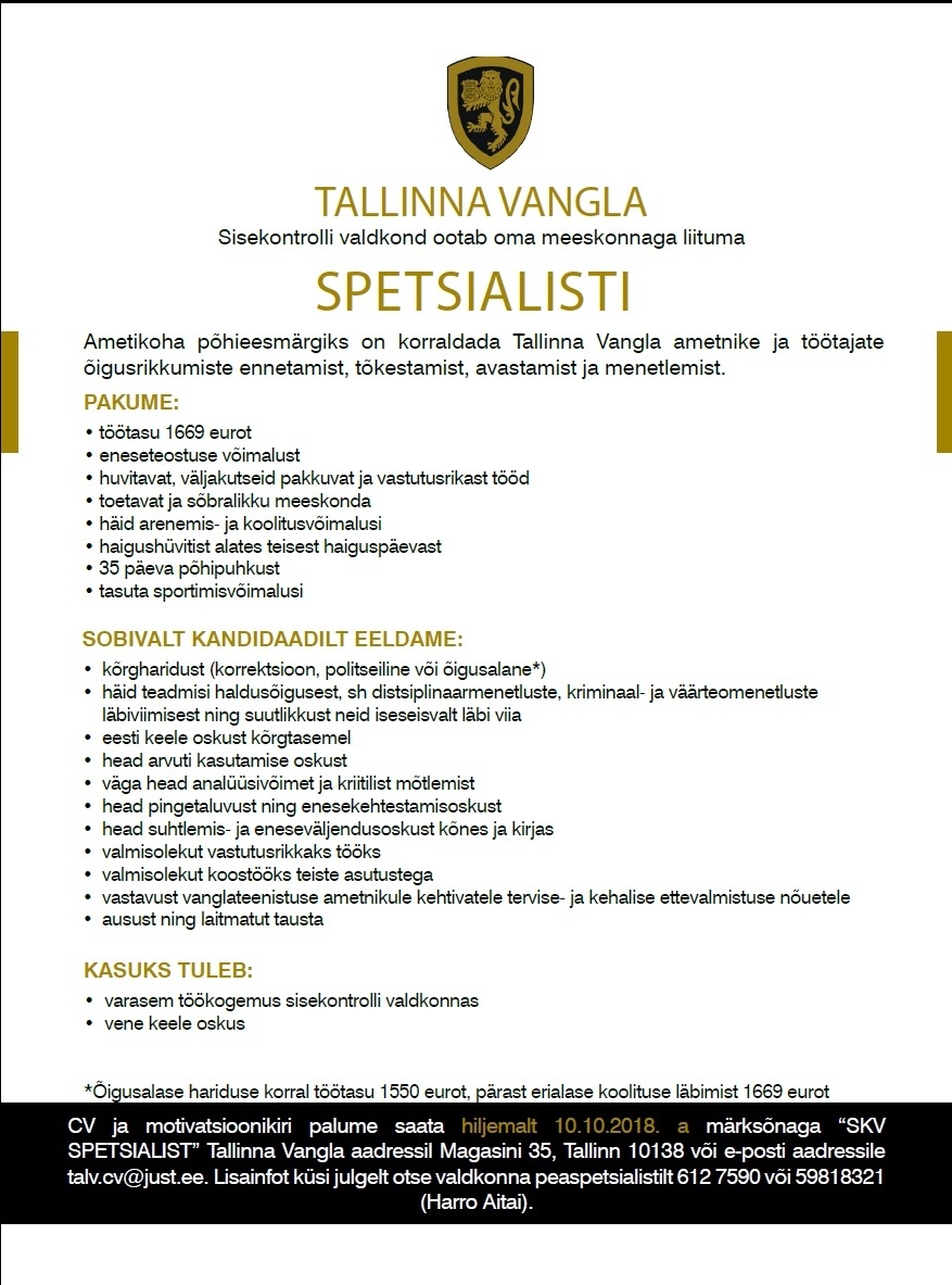 Tallinna Vangla Sisekontrolli valdkonna spetsialist