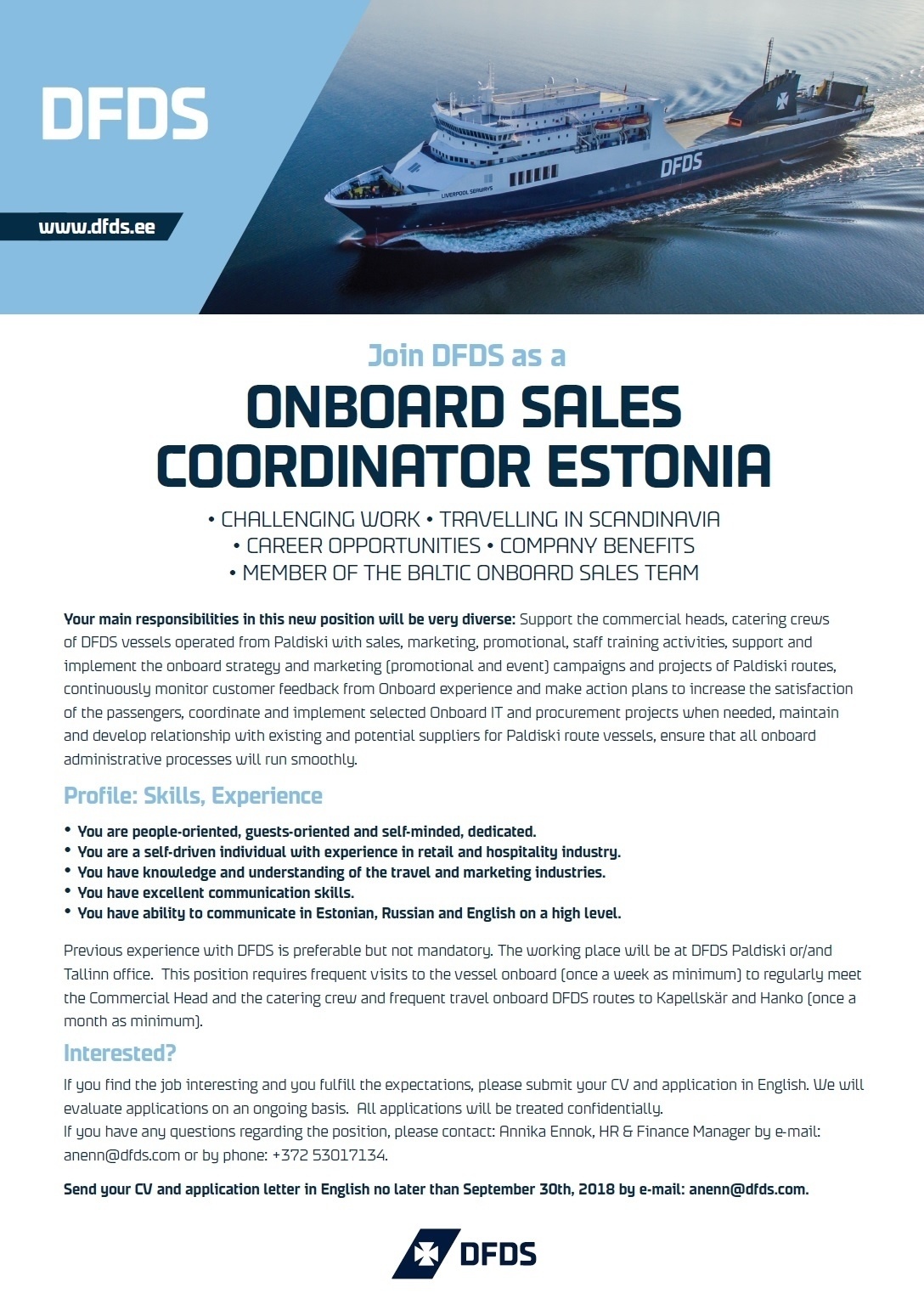 DFDS A/S Eesti Filiaal ONBOARD SALES COORDINATOR ESTONIA